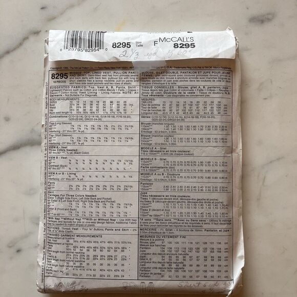Vintage McCall’s Pattern 8295 Women’s Top Vest Pants & Skirt Size 16-18-20 Cut - Picture 4 of 5